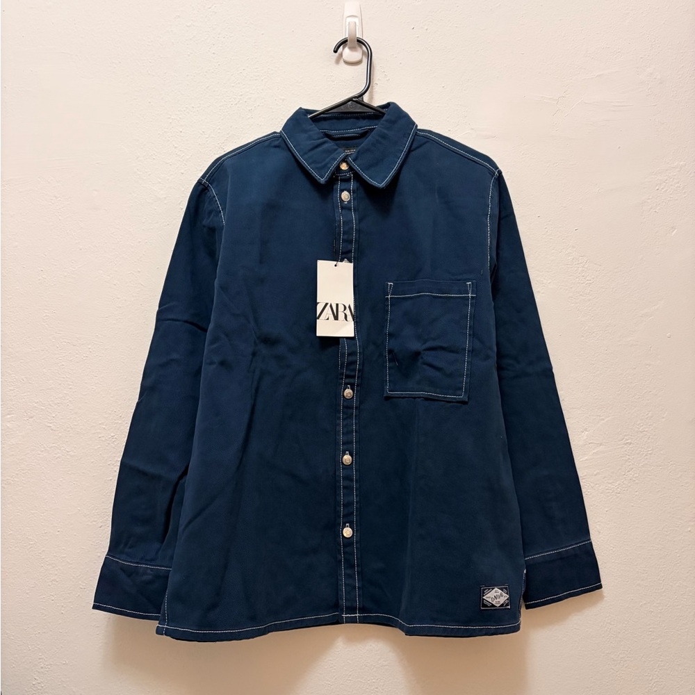 Zara Navy Cotton Twill Button-Front Workwear Inspired Shirt Jacket